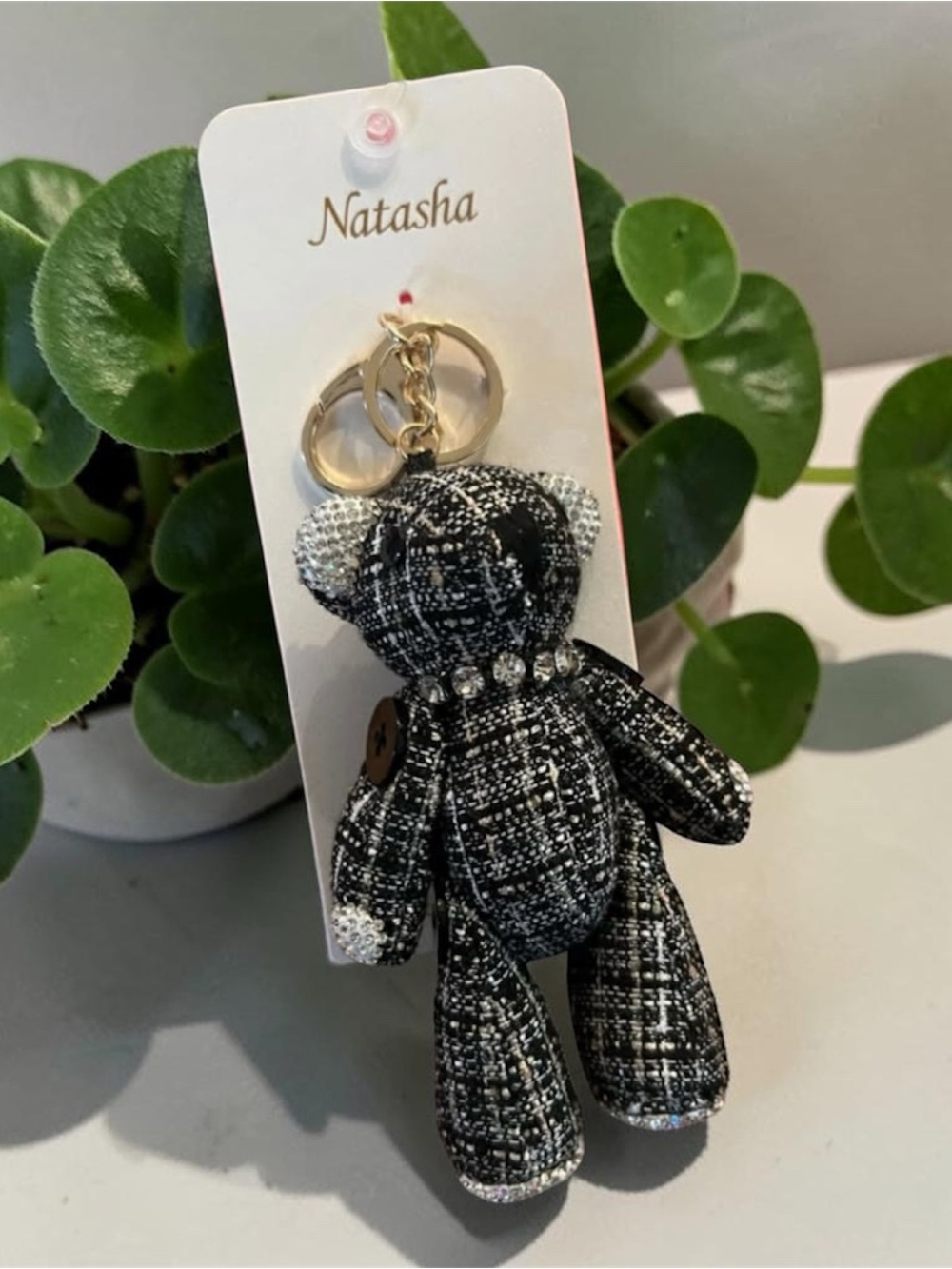 Natasha Gray Tweed Crystal Teddy Bear Keychain & Bag Charm